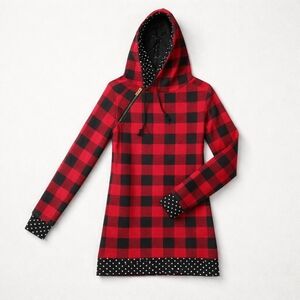 Red and Black Plaid Hoodie with Polka Dot Accents